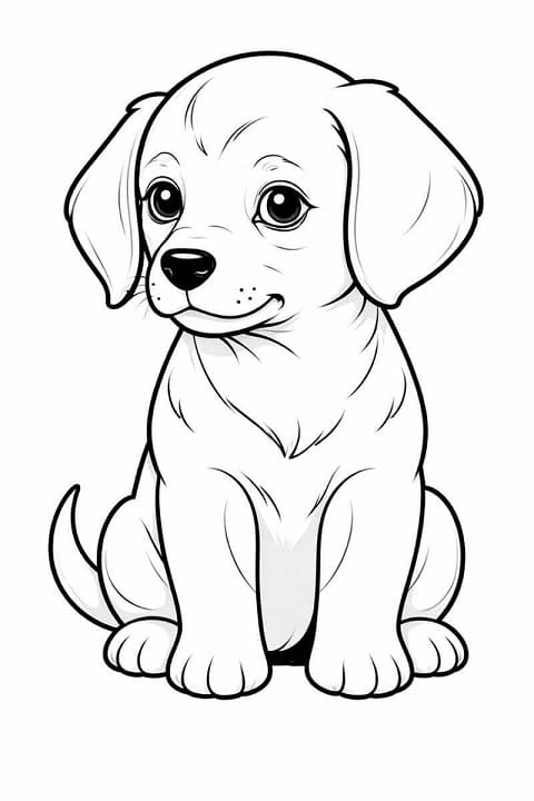 Free printable cute puppy sitting and smiling dog coloring page for kids. Download PDF.