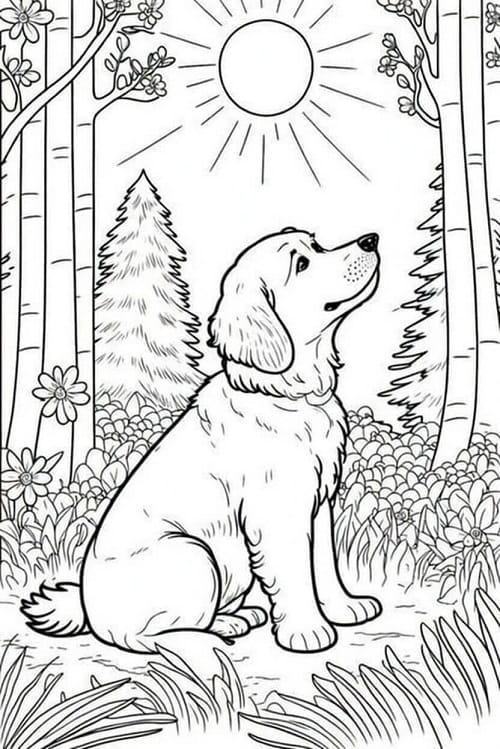 Free printable dog sitting in a sunny forest coloring page for kids. Download PDF.