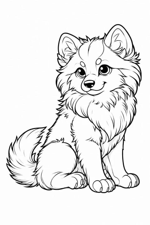 Free printable fluffy pomeranian puppy sitting dog coloring page for kids. Download PDF.