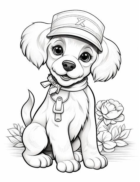 Free printable little dog in a cap coloring page for kids. Download PDF.