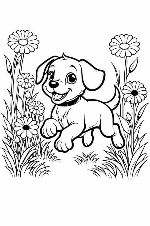Free printable puppy running through flower garden dog coloring page for kids. Download PDF.