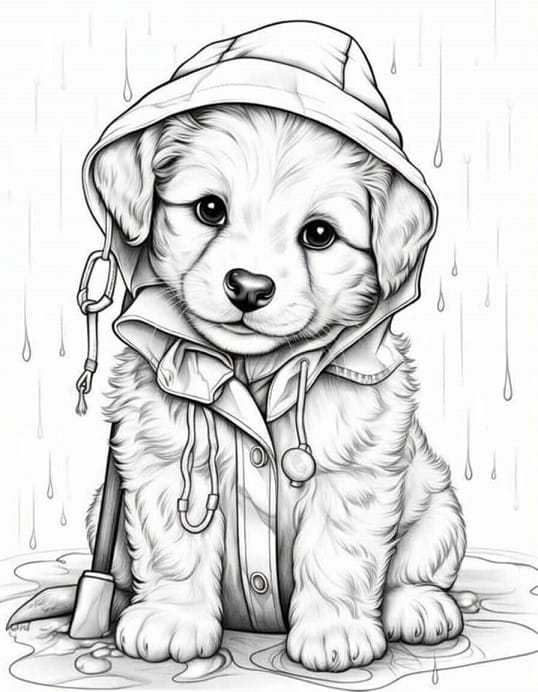 Free printable puppy wearing raincoat in rain dog coloring page for kids. Download PDF.