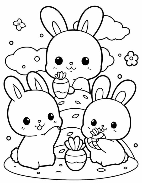 Free printable adorable bunnies with easter eggs carrots rabbit coloring page for kids. Download PDF.