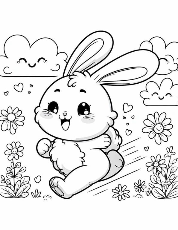 Free printable cute bunny running with flowers hearts rabbit coloring page for kids. Download PDF.