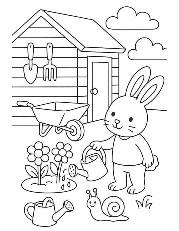 Free printable happy bunny gardening with tools shed rabbit coloring page for kids. Download PDF.