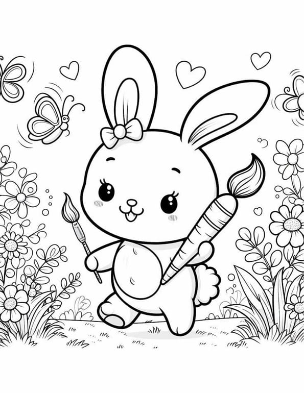 Free printable kawaii bunny painting with carrot brush rabbit coloring page for kids. Download PDF.