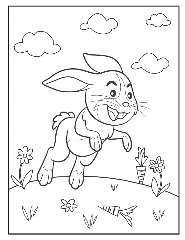 Free printable playful bunny jumping with carrots flowers rabbit coloring page for kids. Download PDF.