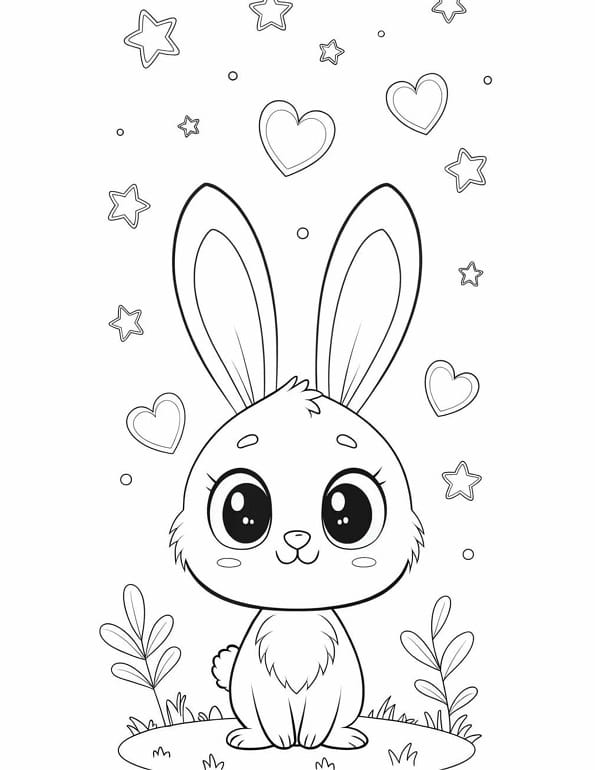 Free printable sweet bunny sitting among stars hearts rabbit coloring page for kids. Download PDF.