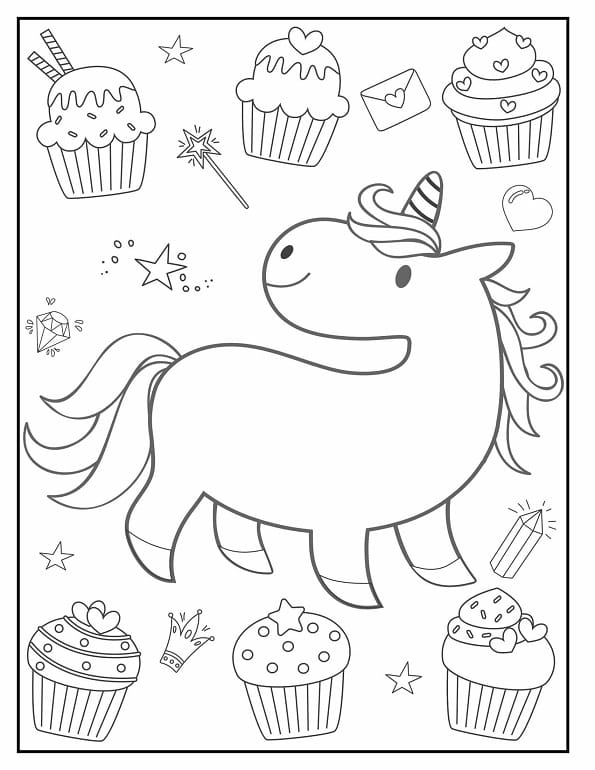 Free printable cute unicorn and sweet cupcakes pattern coloring page for kids. Download PDF.