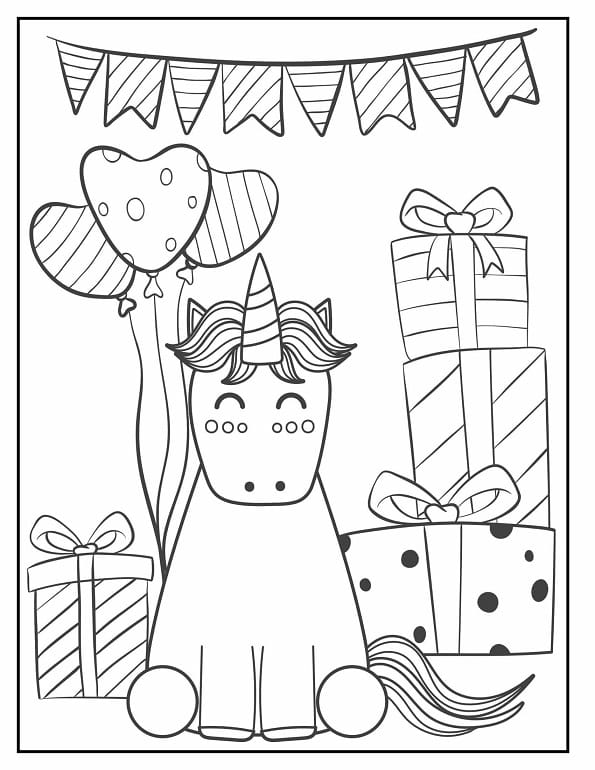 Free printable cute unicorn with balloons gifts bows coloring page for kids. Download PDF.