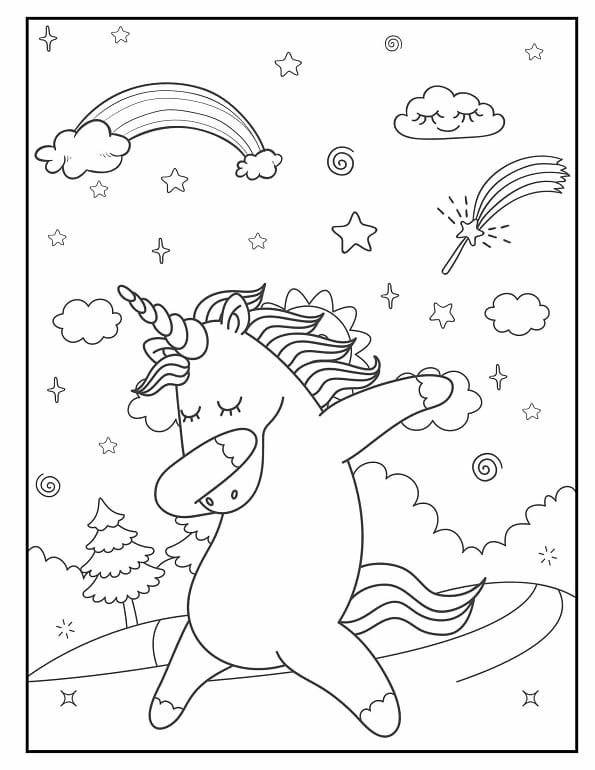 Free printable dabbing unicorn with magic wand and rainbow coloring page for kids. Download PDF.