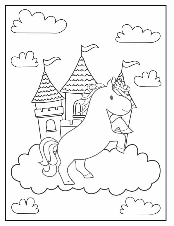 Free printable jumping unicorn and cloud castle coloring page for kids. Download PDF.