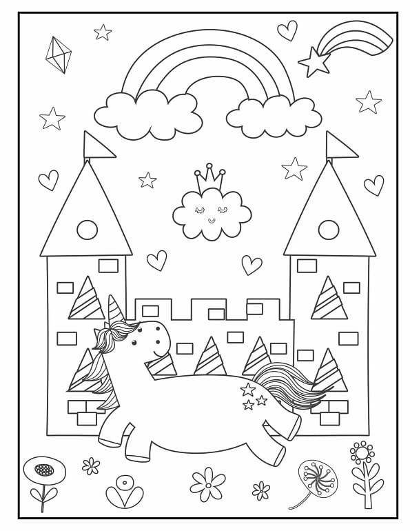 Free printable magical unicorn and fairy tale castle coloring page for kids. Download PDF.