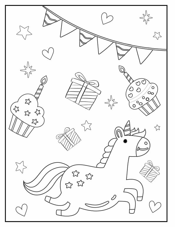 Free printable party unicorn with cupcakes and banner coloring page for kids. Download PDF.