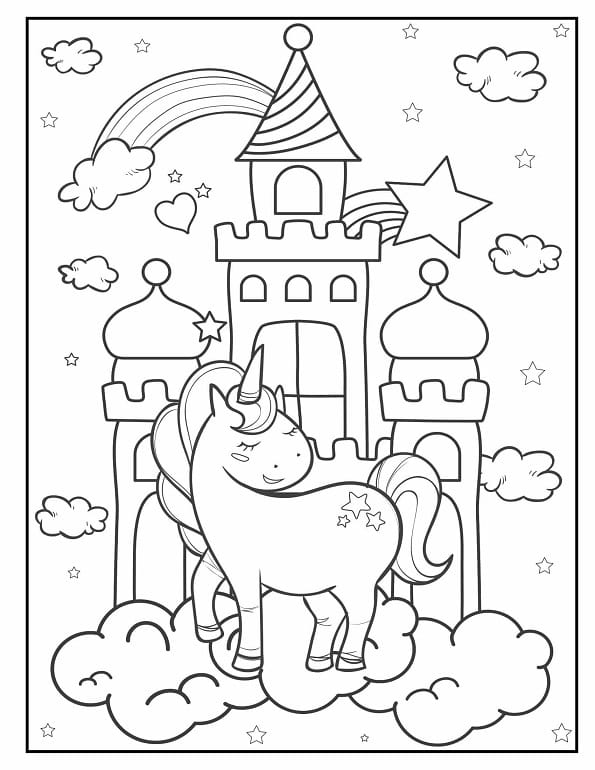 Free printable pretty unicorn standing by magic castle coloring page for kids. Download PDF.