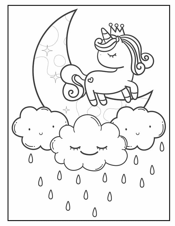 Free printable sleeping princess unicorn on moon coloring page for kids. Download PDF.