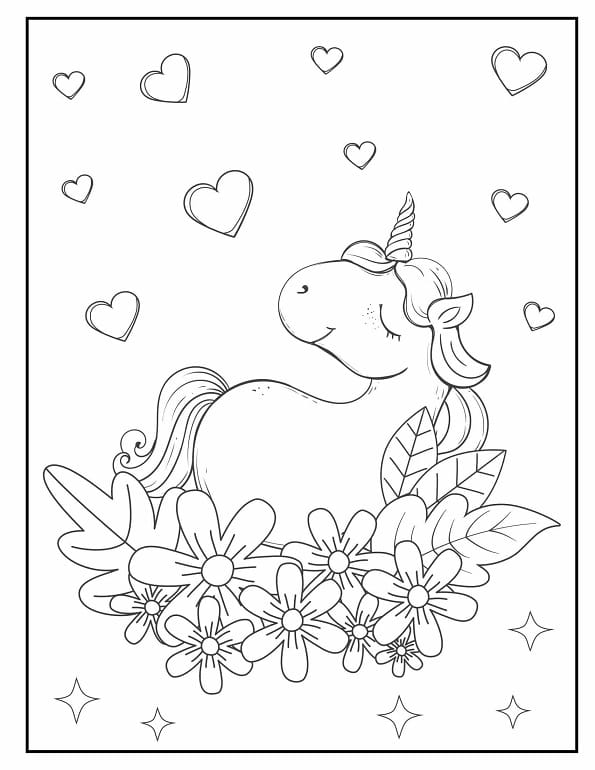 Free printable sweet unicorn with flowers and hearts coloring page for kids. Download PDF.