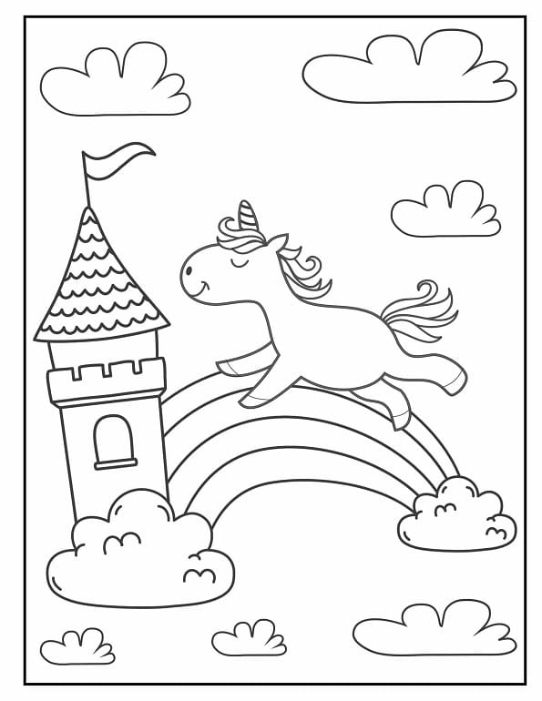 Free printable unicorn leaping over rainbow and magic coloring page for kids. Download PDF.