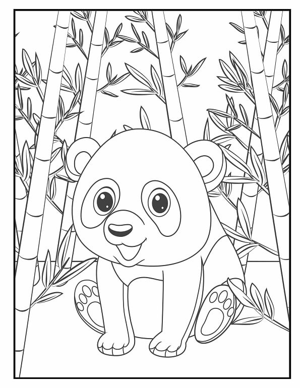 Free printable adorable panda in bamboo forest cute & baby coloring page for kids. Download PDF.
