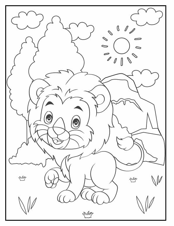 Free printable cute cartoon lion in the jungle cute & baby coloring page for kids. Download PDF.
