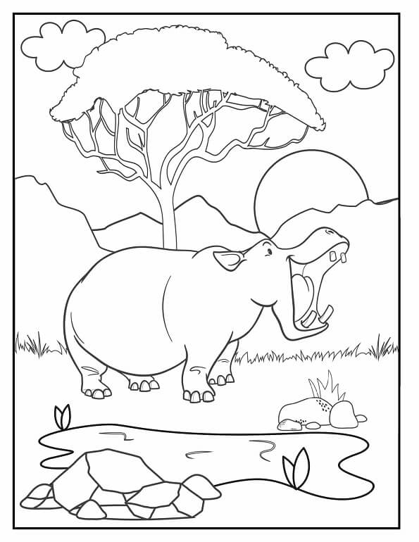 Free printable happy hippo in the african savannah cute & baby coloring page for kids. Download PDF.