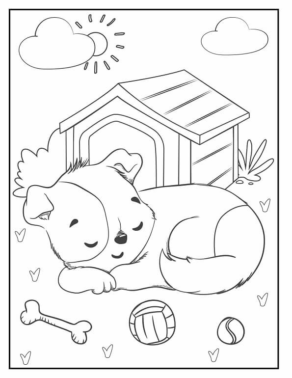 Free printable sleeping puppy and doghouse cute & baby coloring page for kids. Download PDF.