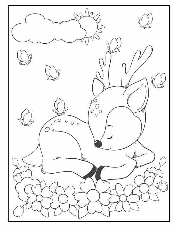 Free printable sweet baby deer with butterflies cute & baby coloring page for kids. Download PDF.