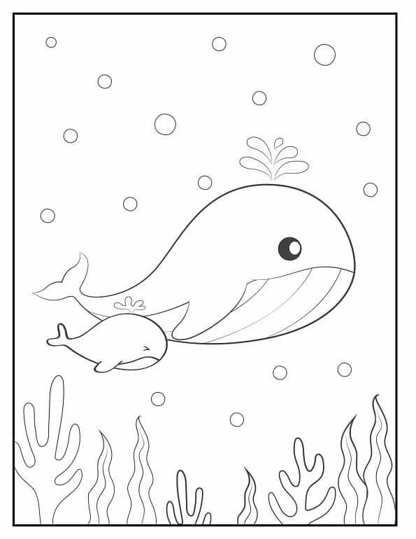 Free printable whale and baby calf underwate cute & baby coloring page for kids. Download PDF.