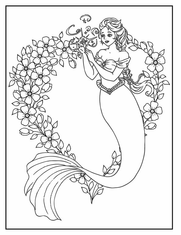 Free printable beautiful mermaid framed by a heart shaped floral wreath coloring page for kids. Download PDF.