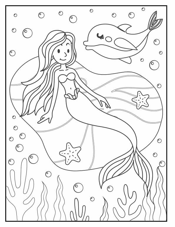 Free printable elegant mermaid swimming alongside a friendly dolphin coloring page for kids. Download PDF.