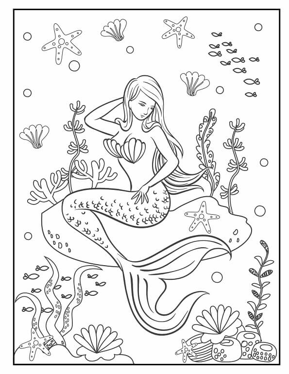 Free printable graceful mermaid resting on a rock with seaweed coloring page for kids. Download PDF.