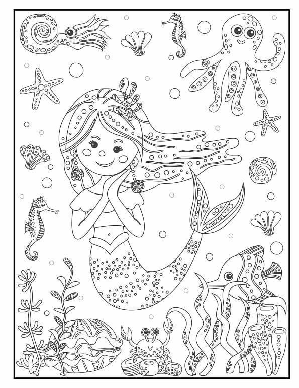 Free printable graceful mermaid surrounded by an octopus seahorses and shells coloring page for kids. Download PDF.