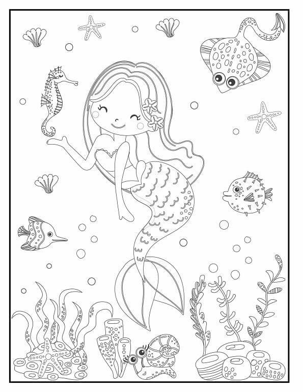 Free printable mermaid holding a seahorse near a stingray and pufferfish coloring page for kids. Download PDF.