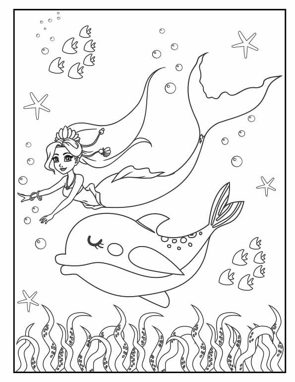 Free printable mermaid princess diving with a spotted dolphin and schools of fish coloring page for kids. Download PDF.