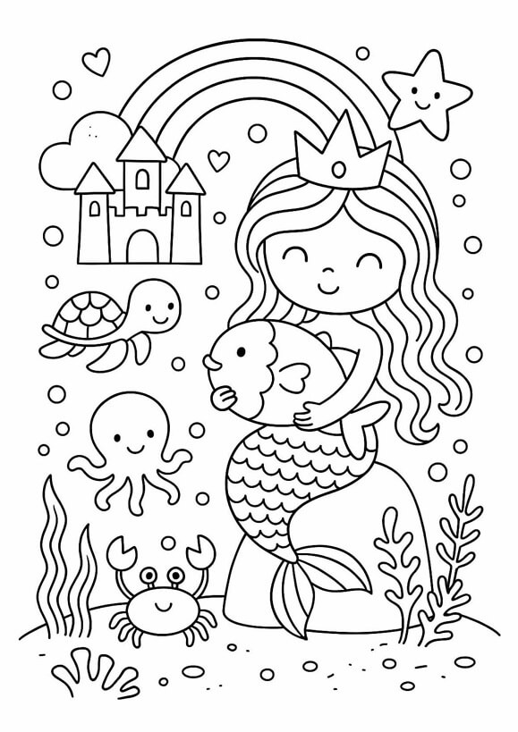Free printable mermaid princess with an underwater castle and rainbow coloring page for kids. Download PDF.