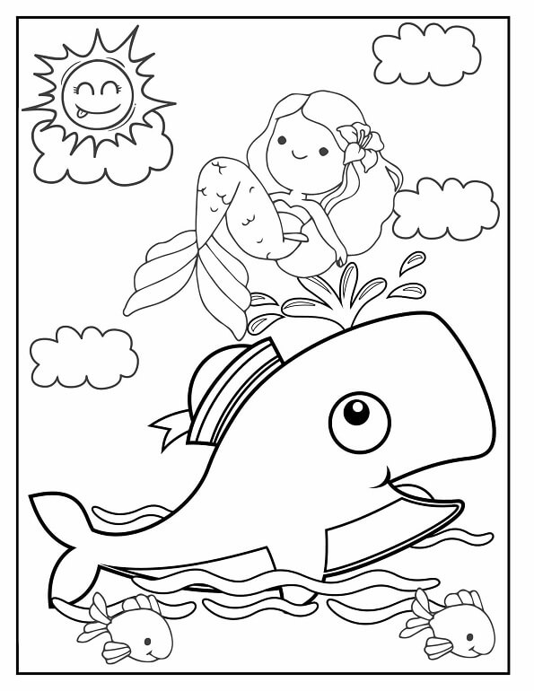 Free printable mermaid riding a whale under the sun coloring page for kids. Download PDF.