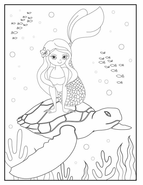 Free printable mermaid riding on the back of a sea turtle coloring page for kids. Download PDF.