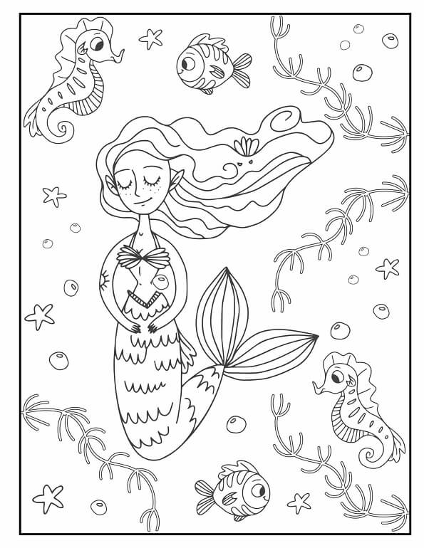 Free printable mermaid swimming with seahorses and tropical fish coloring page for kids. Download PDF.