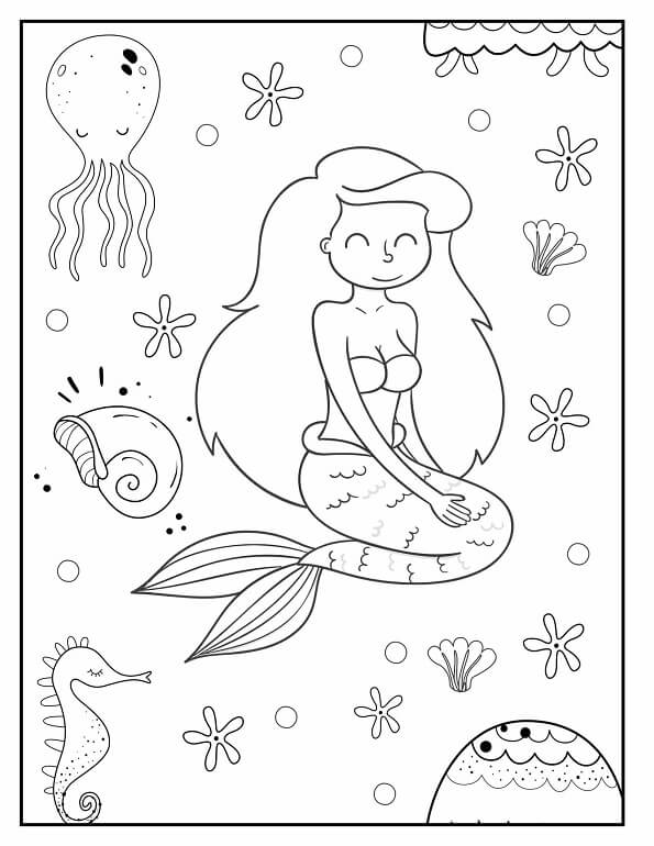 Free printable mermaid with a jellyfish and seahorse underwater coloring page for kids. Download PDF.