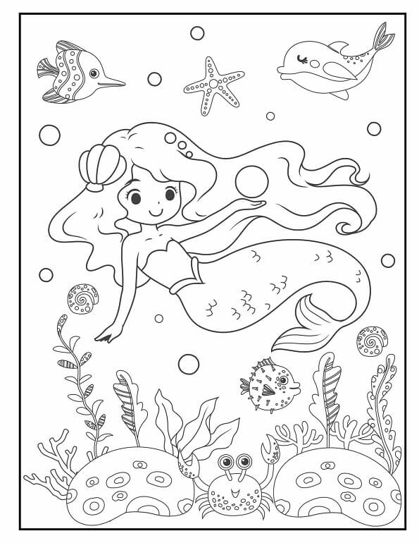 Free printable mermaid with a shell hairpiece holding a magical pearl coloring page for kids. Download PDF.