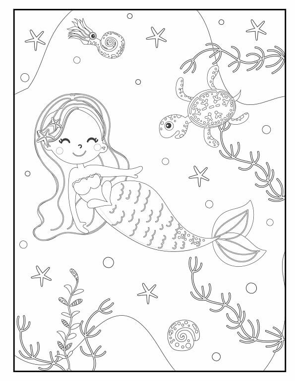 Free printable smiling mermaid swimming with a patterned sea turtle coloring page for kids. Download PDF.