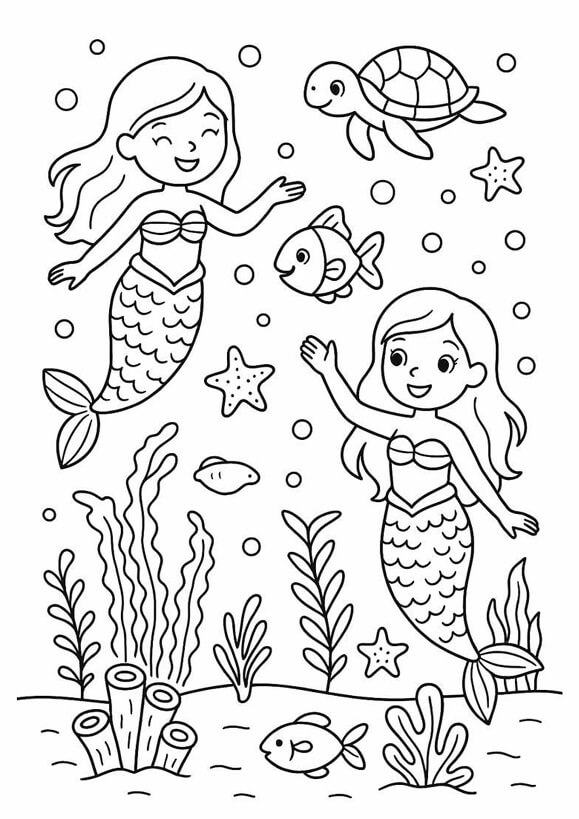 Free printable two happy mermaids swimming with a sea turtle and fish mermaid coloring page for kids. Download PDF.