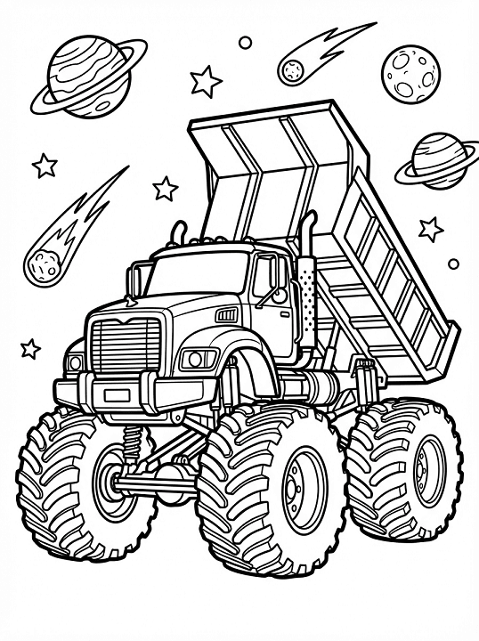 Free printable monster dump truck in outer space monster truck coloring page for kids. Download PDF.