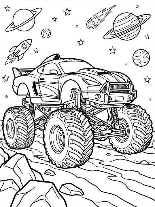 Free printable monster sports car in a galactic landscape monster truck coloring page for kids. Download PDF.