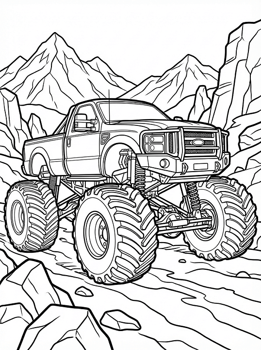 Free printable monster truck driving through rugged mountains coloring page for kids. Download PDF.