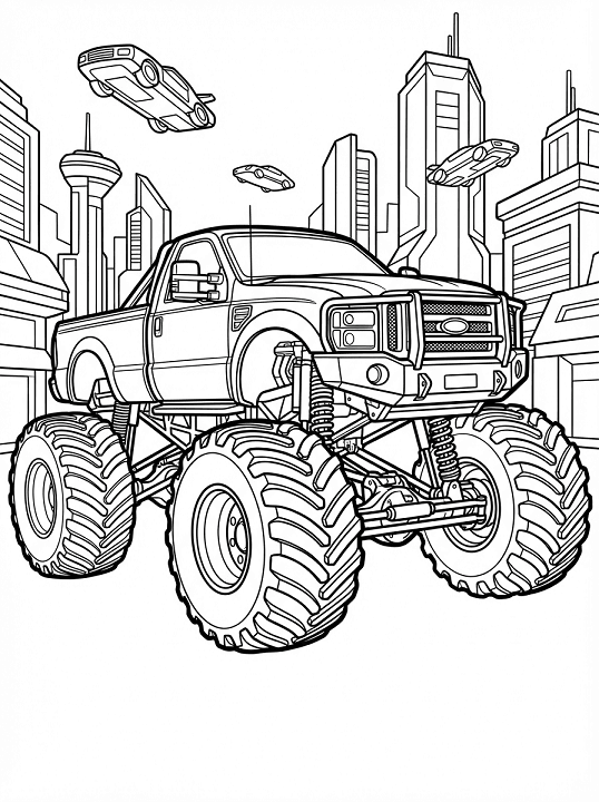 Free printable monster truck in a futuristic city with flying cars coloring page for kids. Download PDF.