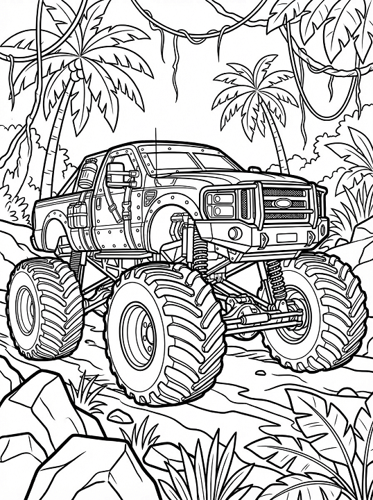 Free printable monster truck navigating a tropical jungle coloring page for kids. Download PDF.
