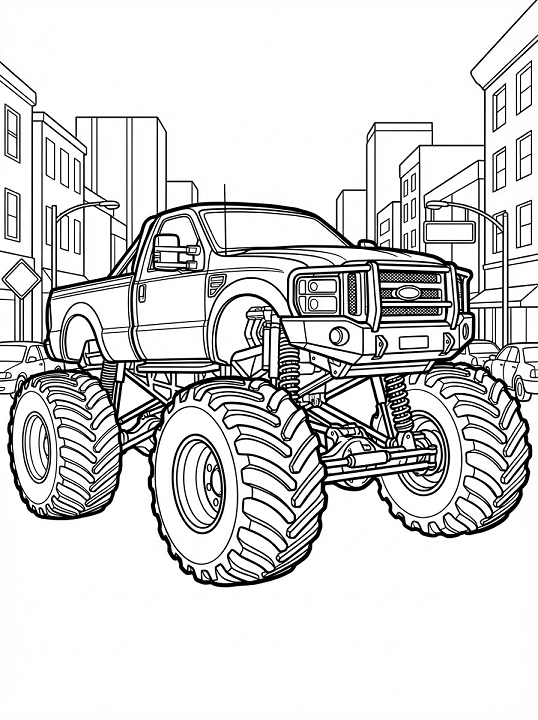 Free printable monster truck on a busy city street coloring page for kids. Download PDF.