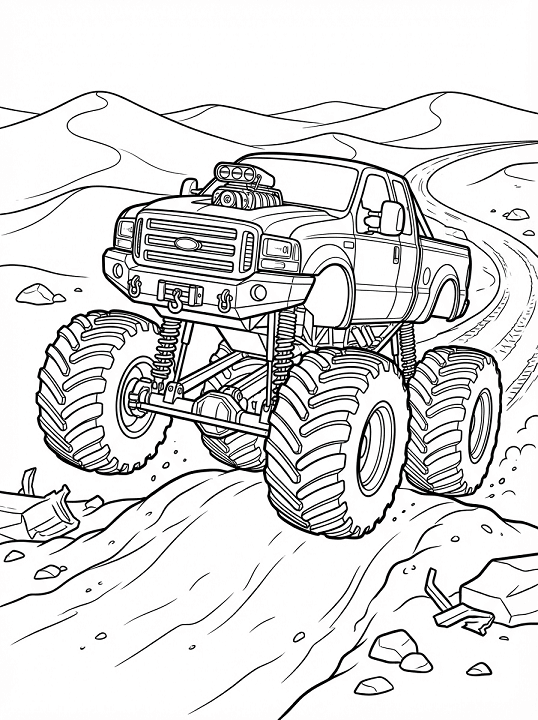 Free printable monster truck racing through desert dunes coloring page for kids. Download PDF.