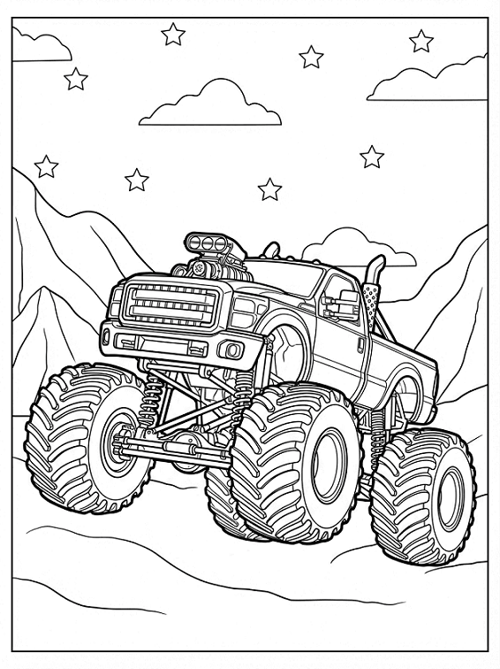 Free printable monster truck under a starry night sky coloring page for kids. Download PDF.